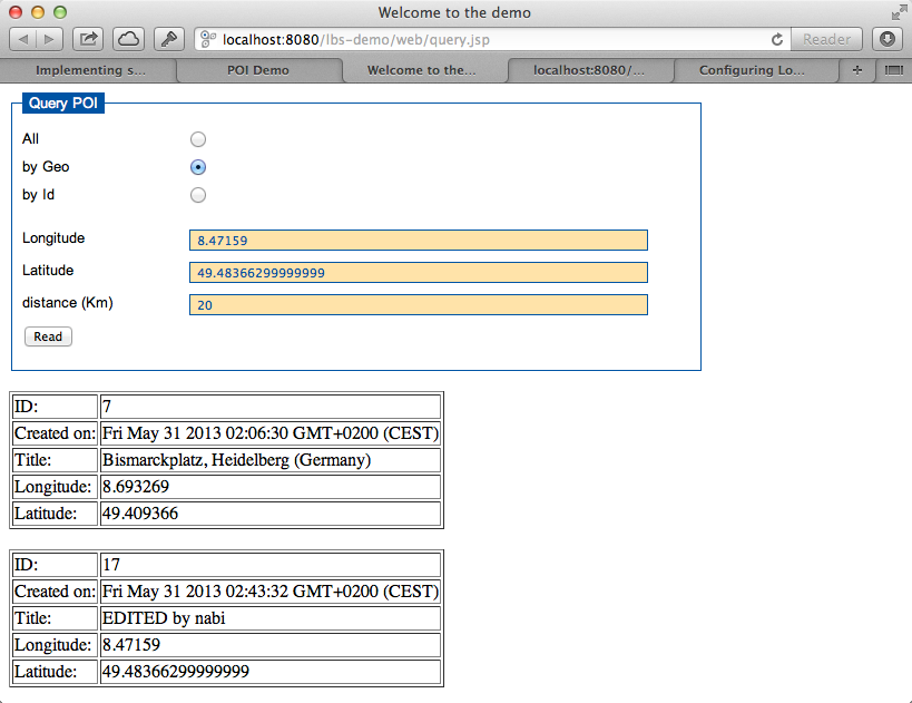 Query POIs by GEO coordinates and distance (query.jsp)